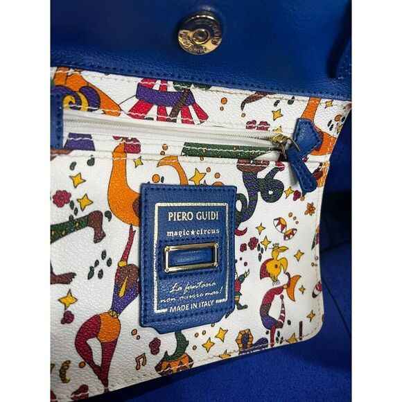 Piero Guidi Handbag Blue Leather Tote Magic Circus Accent Pocket - Picture 7 of 7